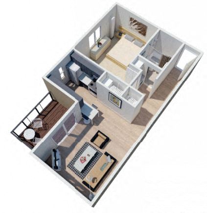 1 Bedroom 1 Bathroom Corner Rendering